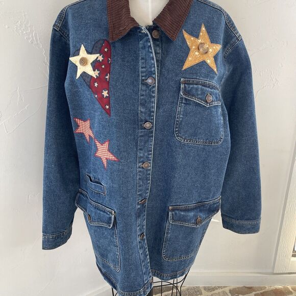 Vintage‎ 90s Women's 2 XL American Flag Patchwork Denim Jean Barn Chore Coat - Picture 1 of 12